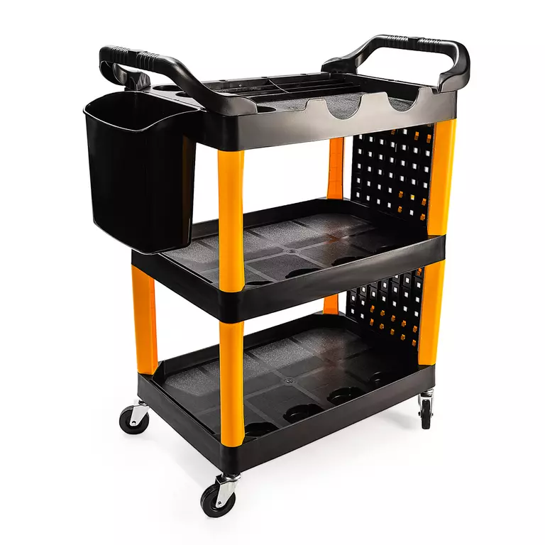 Тележка с тремя открытыми полками (перфорированная боковина с крючками), черная