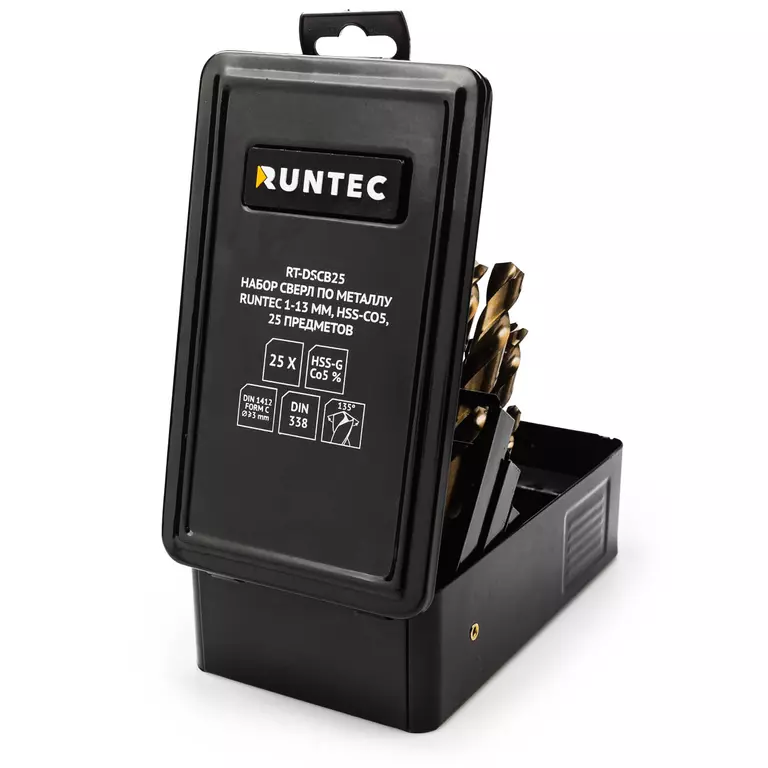 Набор сверл по металлу RUNTEC 1-13 мм, HSS-Co5, 25 предметов