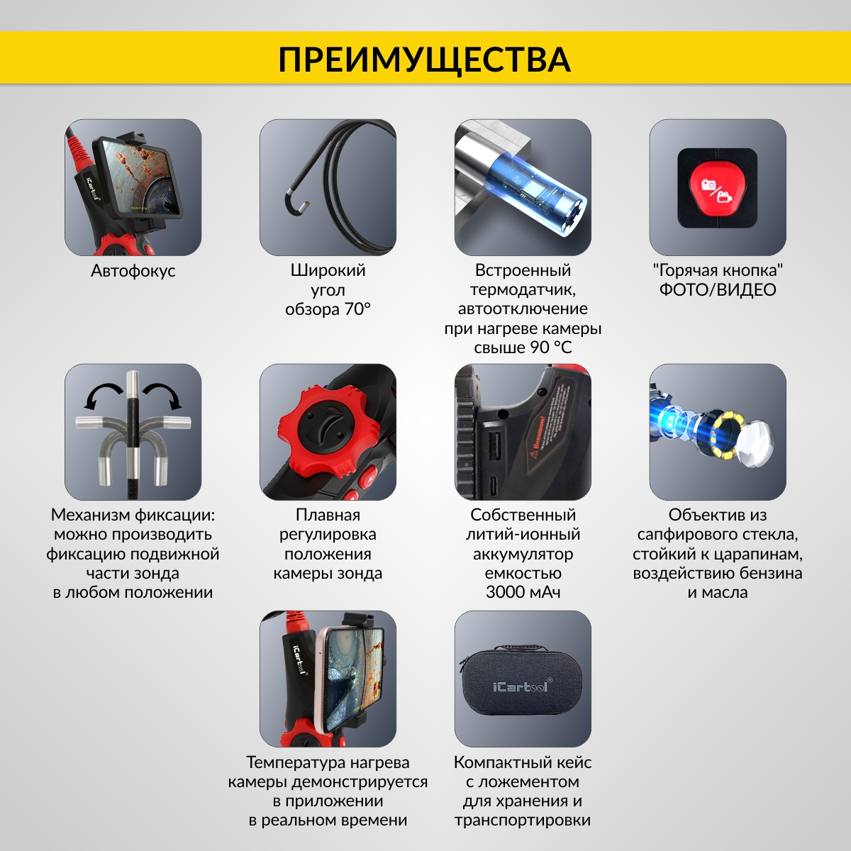 Видеоэндоскоп управляемый USB, 2Мп, 1920x1080, 1м, 6мм, 360°
