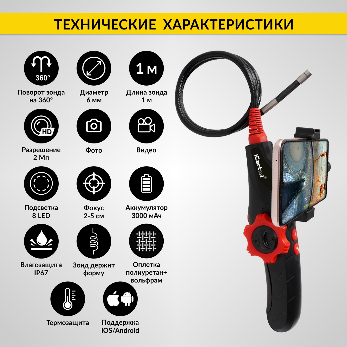 Видеоэндоскоп управляемый USB, 2Мп, 1920x1080, 1м, 6мм, 360°