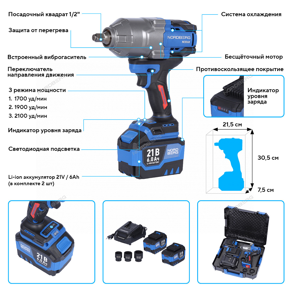 Гайковерт аккумуляторный, 1/2", 21 В, 1500 Нм, 2 аккумулятора 6 A и зарядное устройство, в кейсе