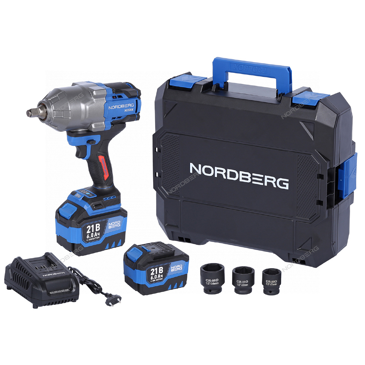 Гайковерт аккумуляторный, 1/2", 21 В, 1500 Нм, 2 аккумулятора 6 A и зарядное устройство, в кейсе