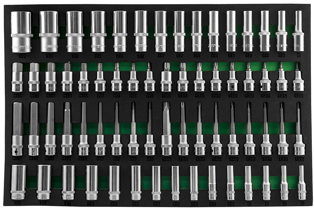 Набор глубоких тоцевых головок 3/8"DR и 1/2"DR, торцевых насадок с вставками 1/2"DR. 66 предметов