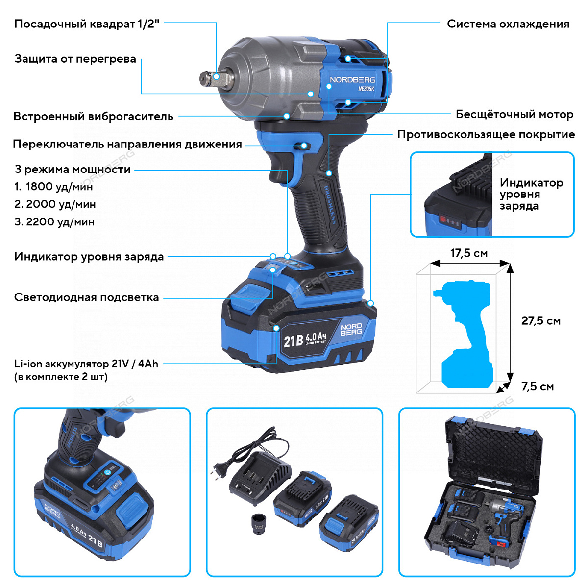 Гайковерт аккумуляторный, 1/2", 21 В, 1000 Нм, 2 аккумулятора 4 A и зарядное устройство, в кейсе