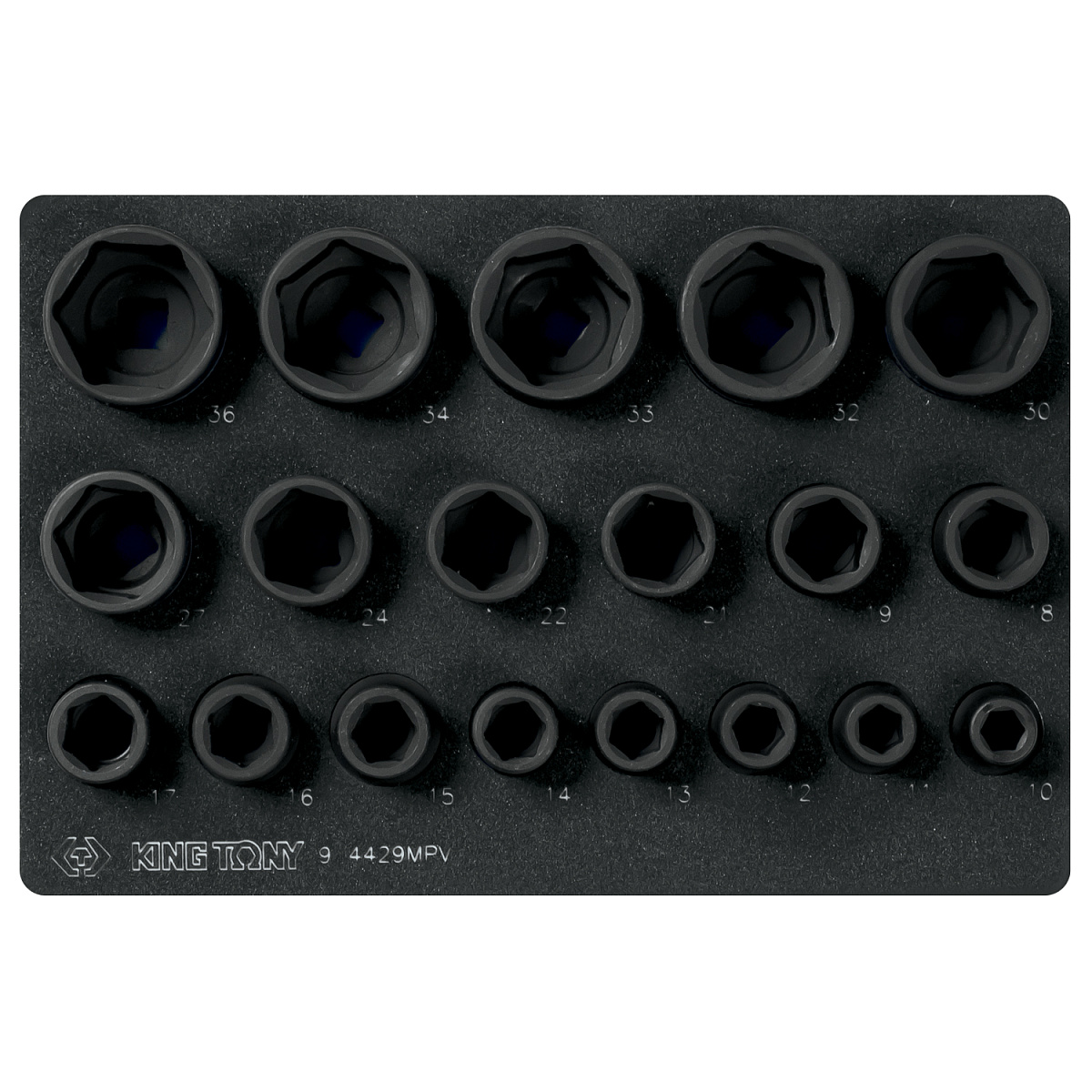 Набор ударных торцевых головок 1/2", шестигранные, 10-36 мм, ложемент, 19 предметов 