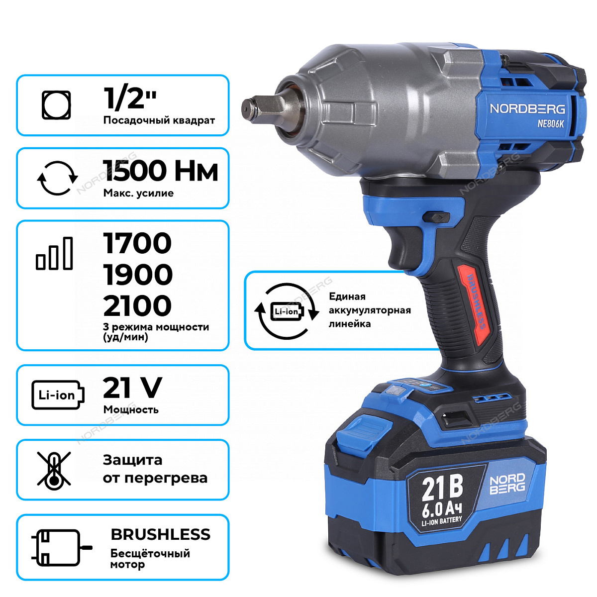 Гайковерт аккумуляторный, 1/2", 21 В, 1500 Нм, 2 аккумулятора 6 A и зарядное устройство, в кейсе