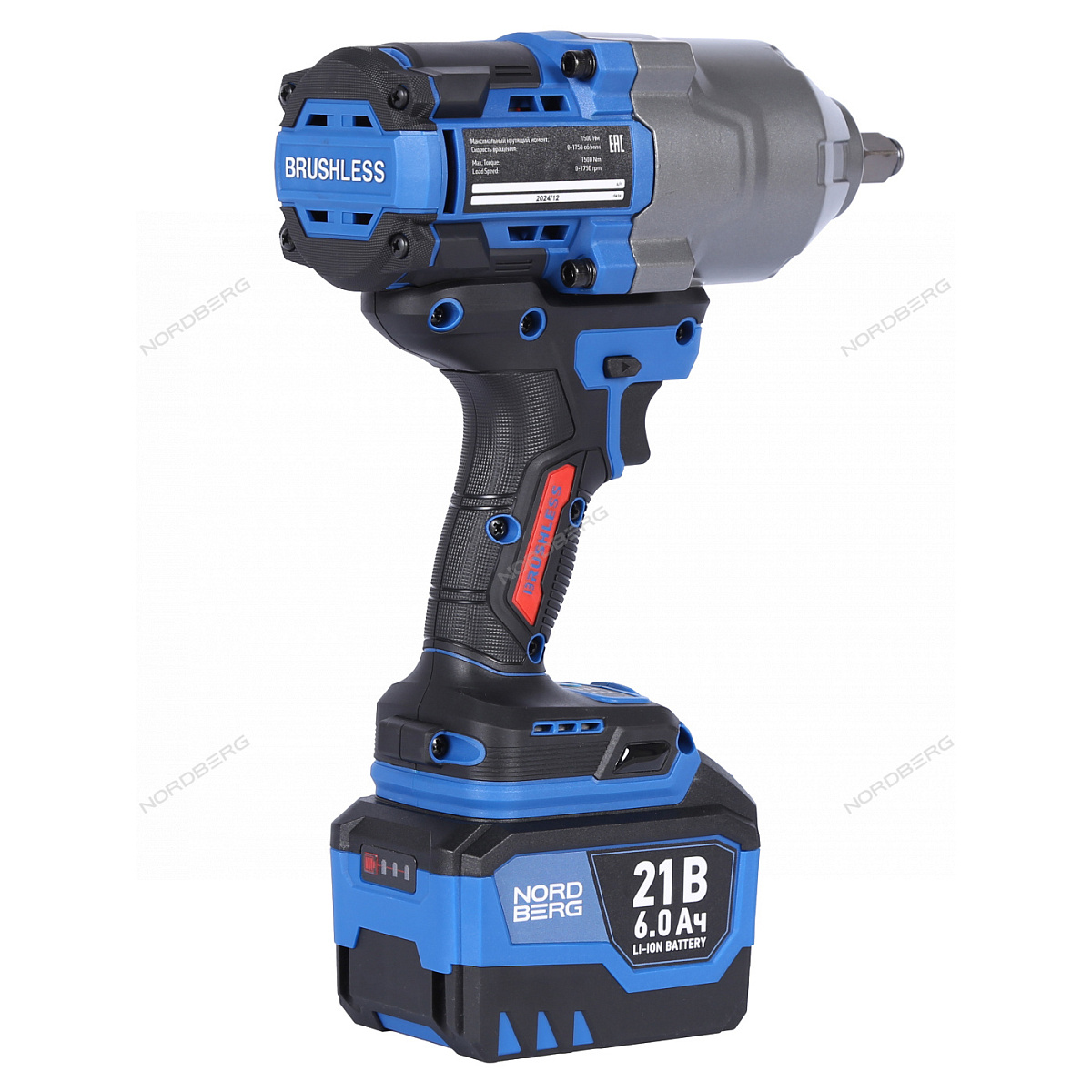 Гайковерт аккумуляторный, 1/2", 21 В, 1500 Нм, 2 аккумулятора 6 A и зарядное устройство, в кейсе