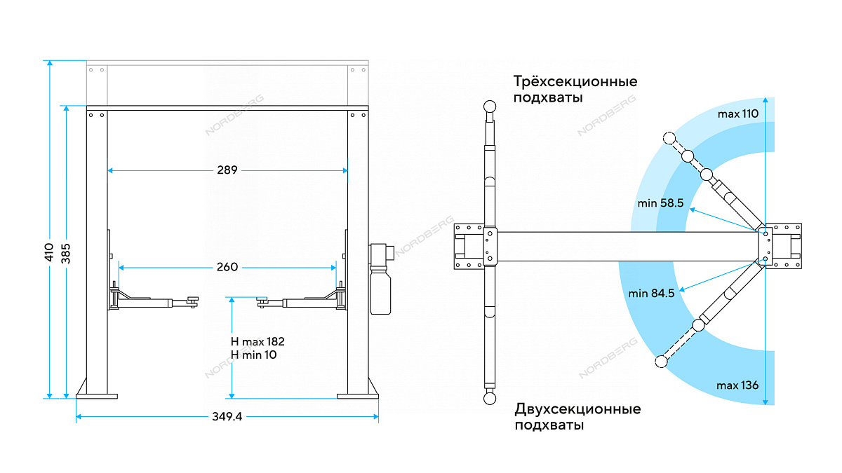 Подъемник двухстоечный 4 т, верхняя синхронизация, H=4,1 м Серый