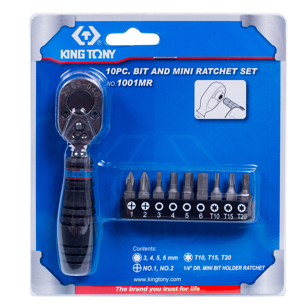 Набор вставок (бит) с трещоткой 1/4;, TORX, HEX, PH, 10 предметов KING TONY 1001MR